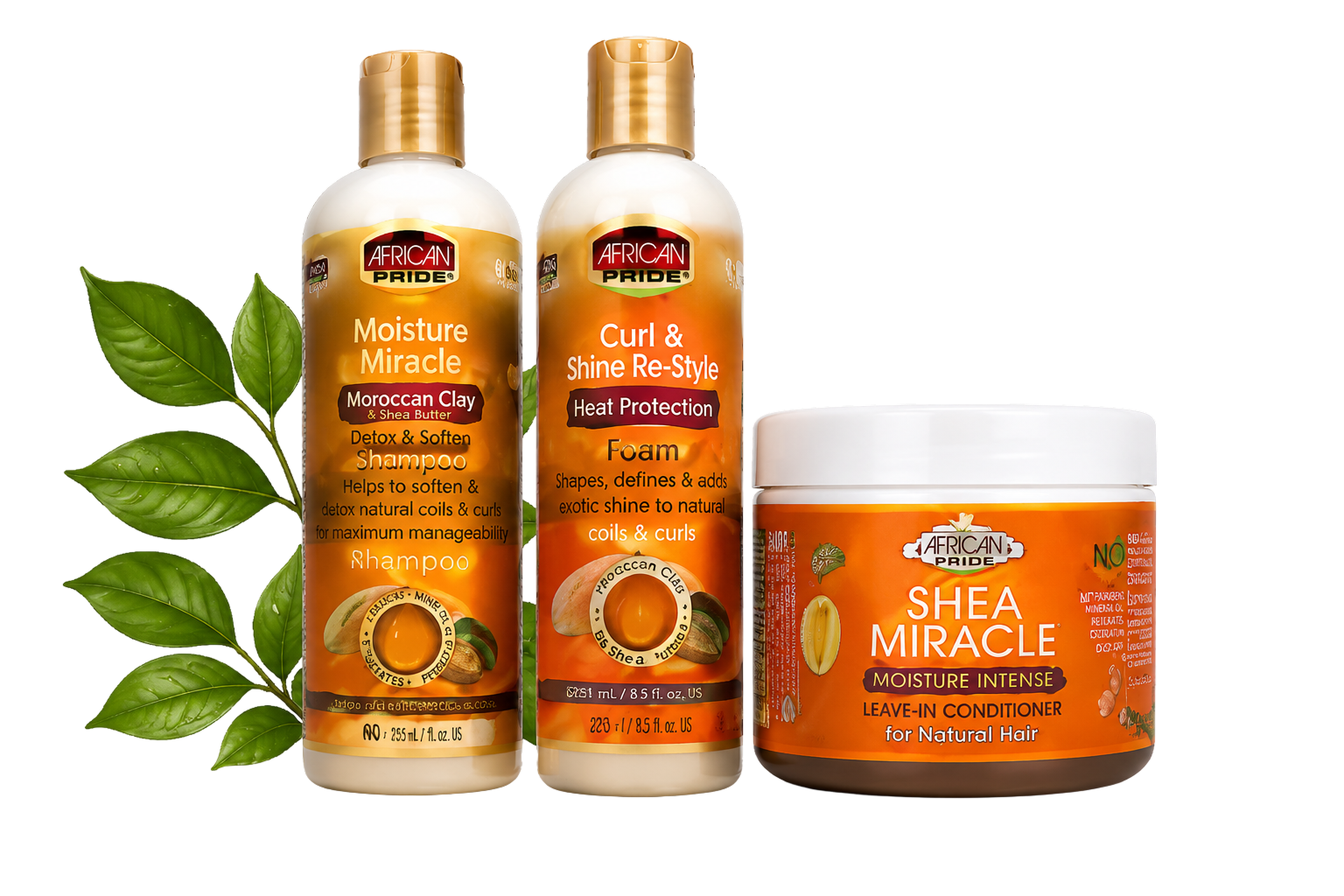 African Pride Moisture Miracle shampoo, Curl & Shine Re-Style foam and Shea Miracle leave-in conditioner
